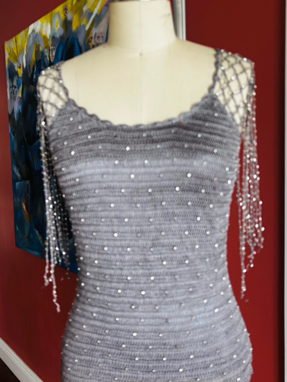 le chateau Silver Beaded Knit Camisole with Fringe Sleeves